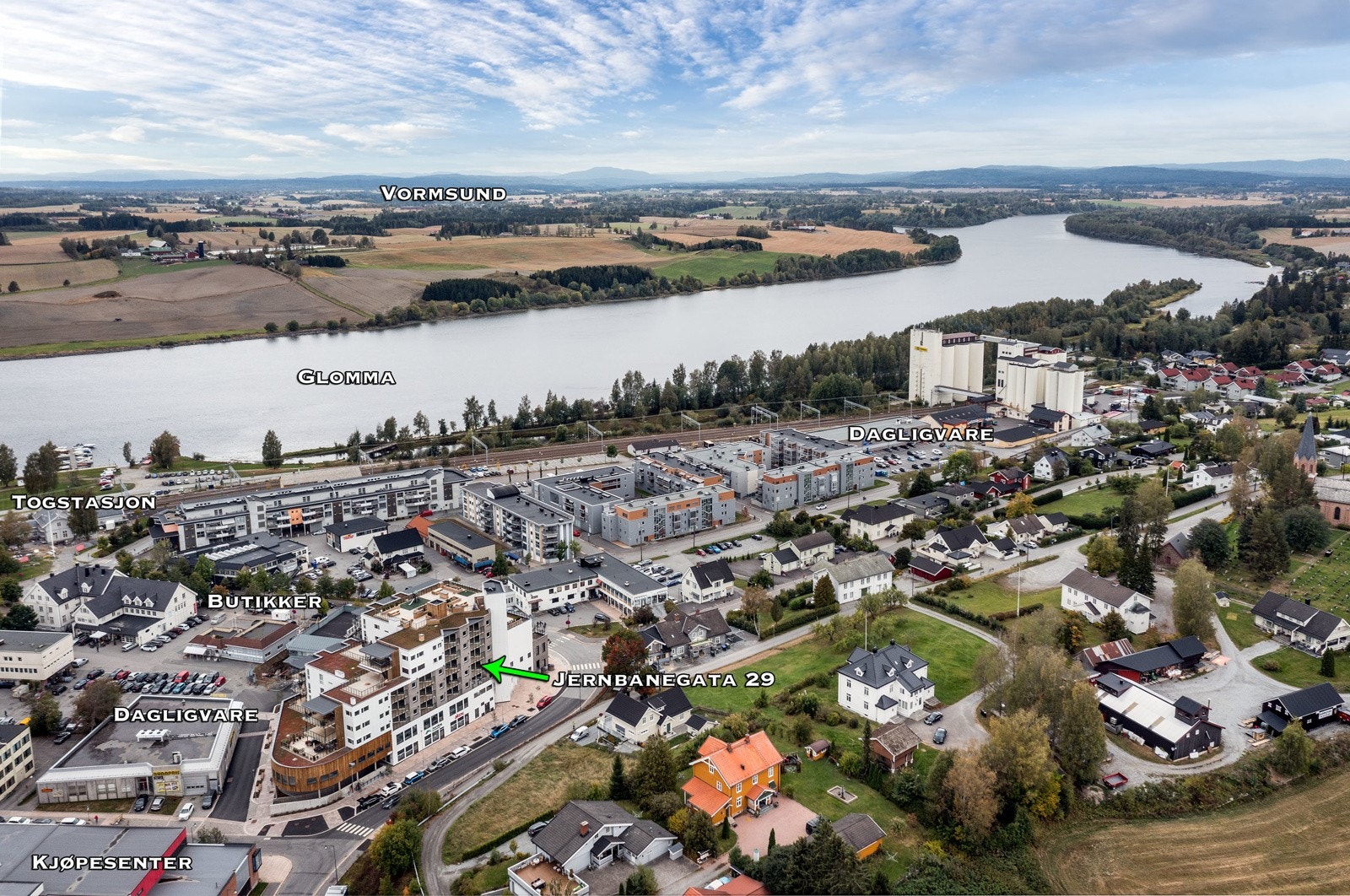 Dronebilde over nærområdet. Galleribilde
