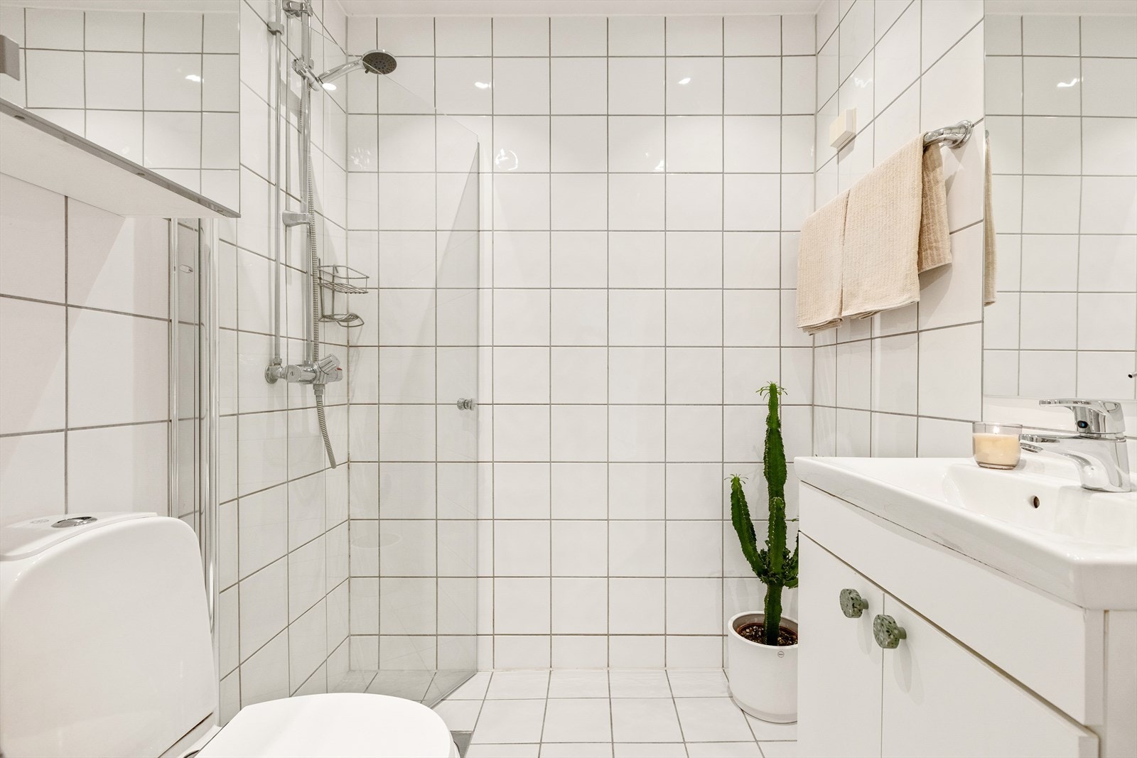 Praktisk innsvingbar dusjvegg og et 2 greps blandingsbatteri. Galleribilde