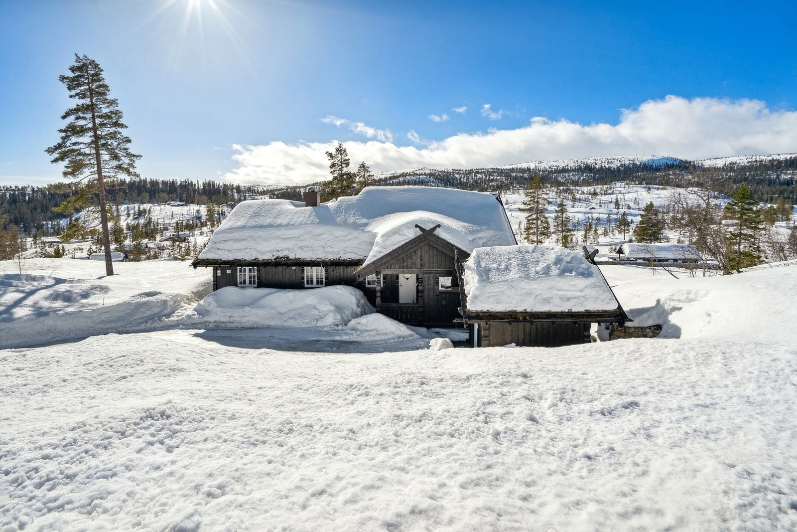 Hytta ligger godt i terrenget og har masse sol Galleribilde