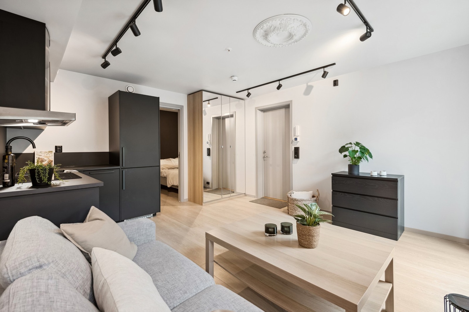 Leiligheten er lys og innbydende og består av bad, sovealkove, kjøkkenkrok og stue. Galleribilde