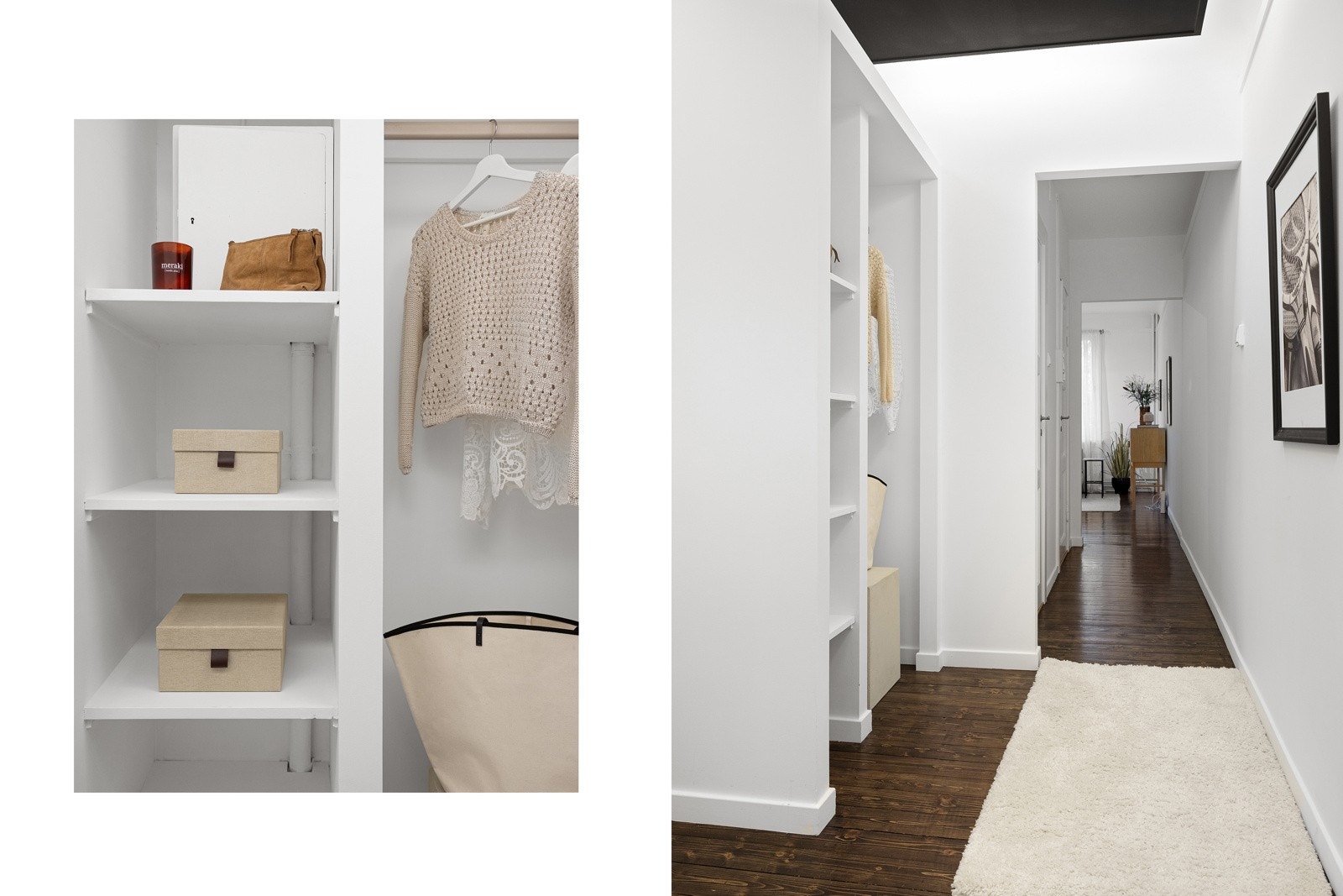 Hyggelig og imøtekommende entré som gir et godt førsteinntrykk av boligen. Her har man god plass til oppbevaring av yttertøy og sko i plassbygget garderobeløsning Galleribilde