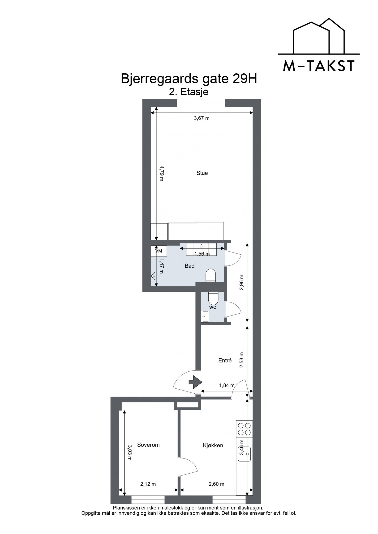Praktisk planløsning som består av entré, stue med åpen kjøkkenløsning, soverom og bad Galleribilde