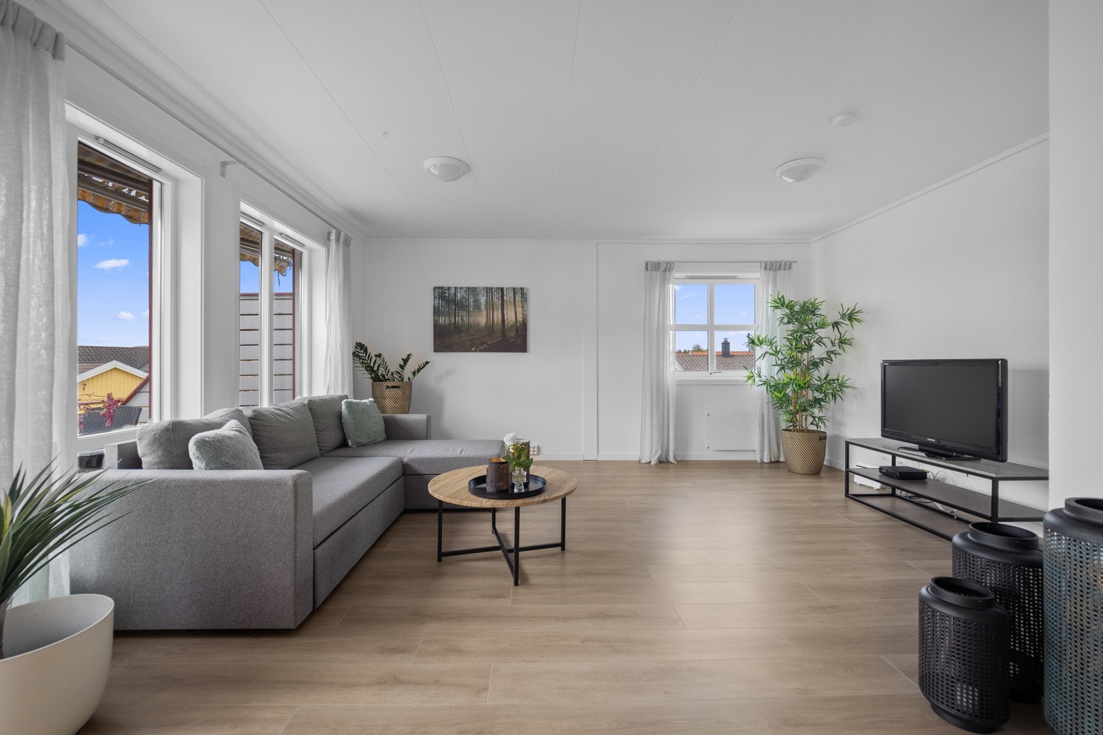 Dagslyset strømmer inn til stuen via store vinduer i to himmelretninger. Galleribilde