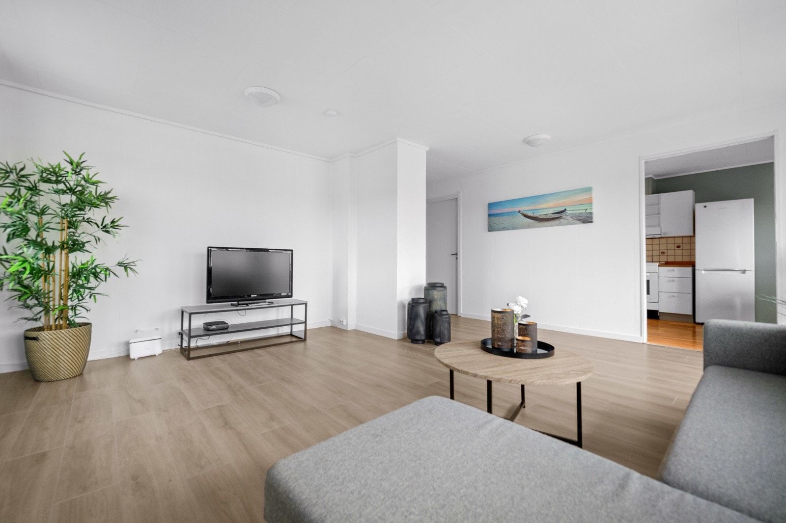 Her er det god plass til sofagruppe, lenestoler og tv-/mediastasjon. Galleribilde