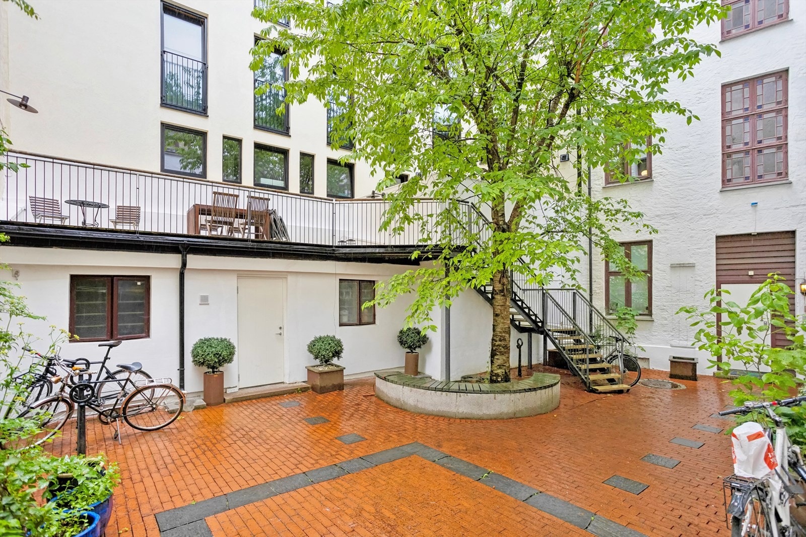 Hyggelig bakgård med møblement, sykkelstativ og beplantning. Det er også innendørs oppbevaring av sykler! Galleribilde