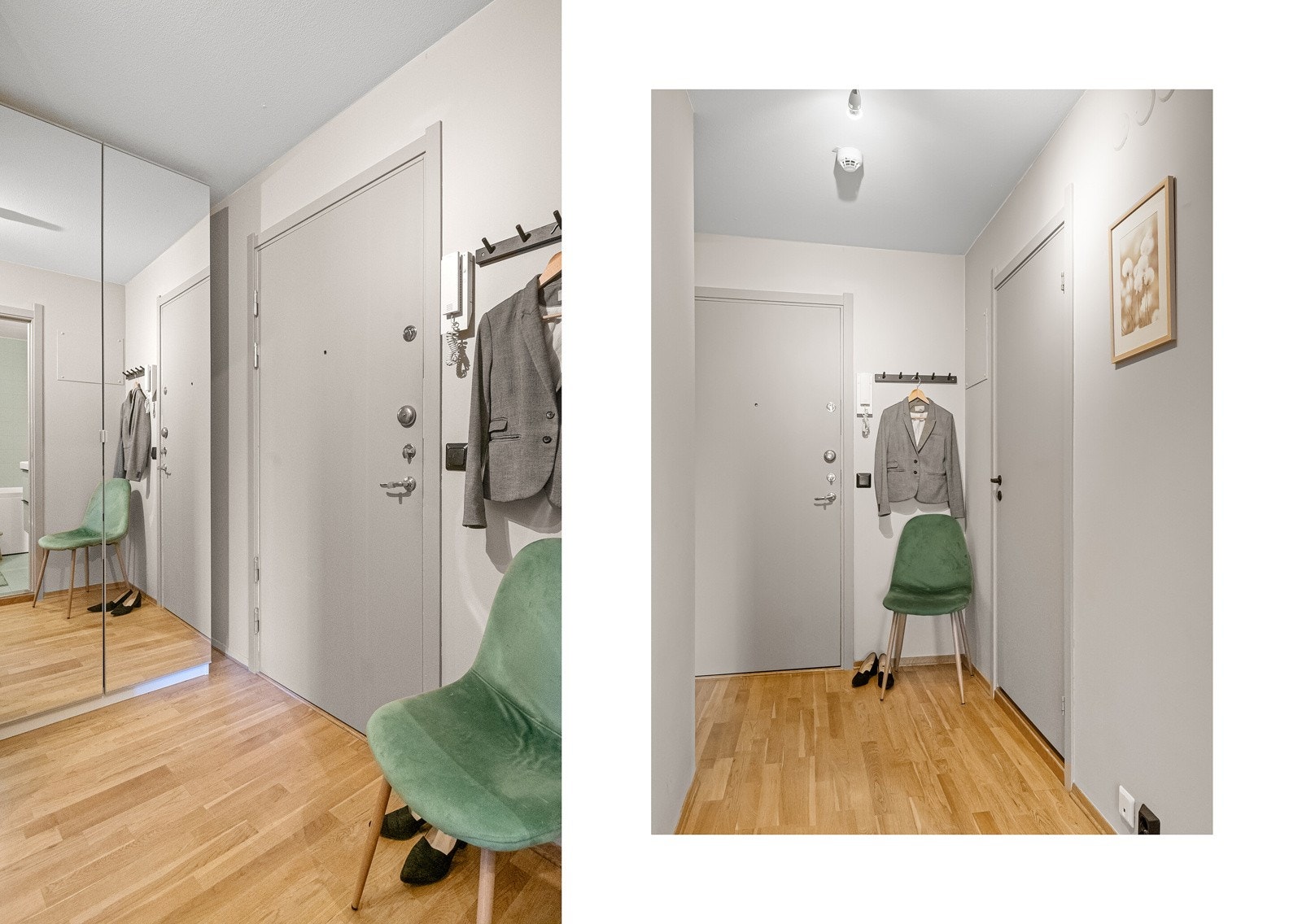 Entréen fungerer som et praktisk knutepunkt. Yttertøyet henger du enkelt av i garderobeskapet som er smart plassert ved inngangsparti, og skulle du ha behov for mer oppbevaringsplass så har entréen tilgang til innvending bod med hyller. Galleribilde