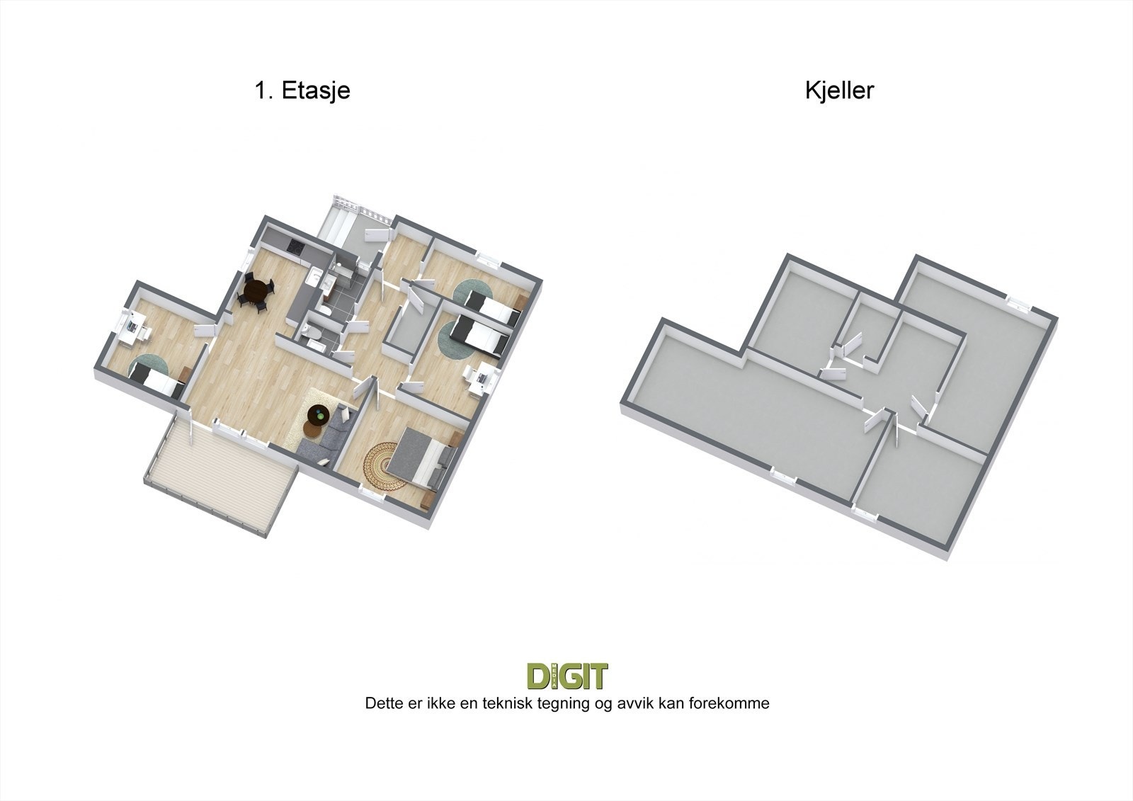 Plantegning 1. etasje og kjeller - 3D Galleribilde