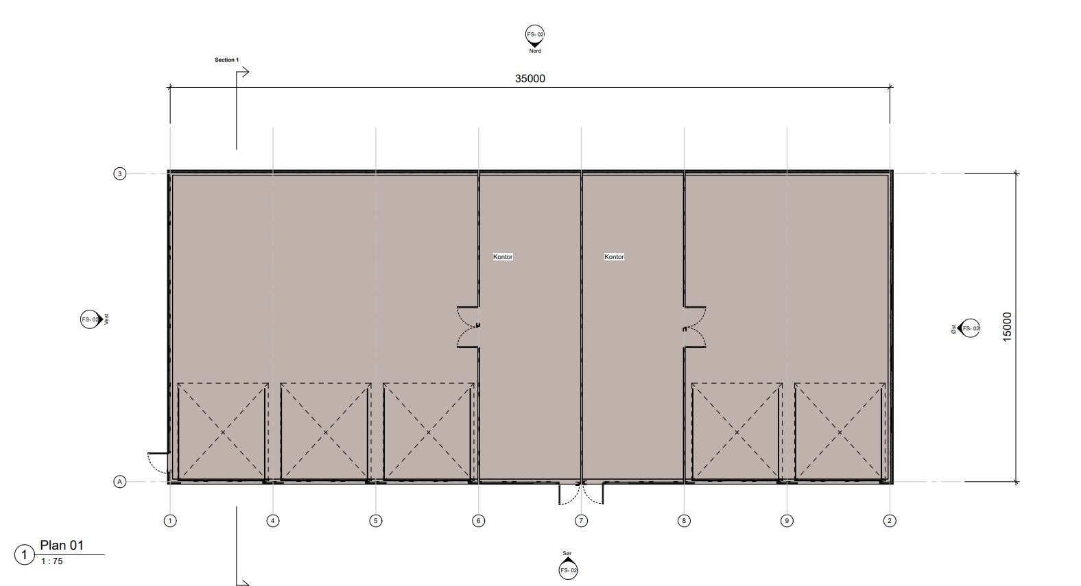 Planteikning 1.etg. I utgangspunktet er det dei 3 portane saman med tilhøyrande kontor som er til leige Galleribilde