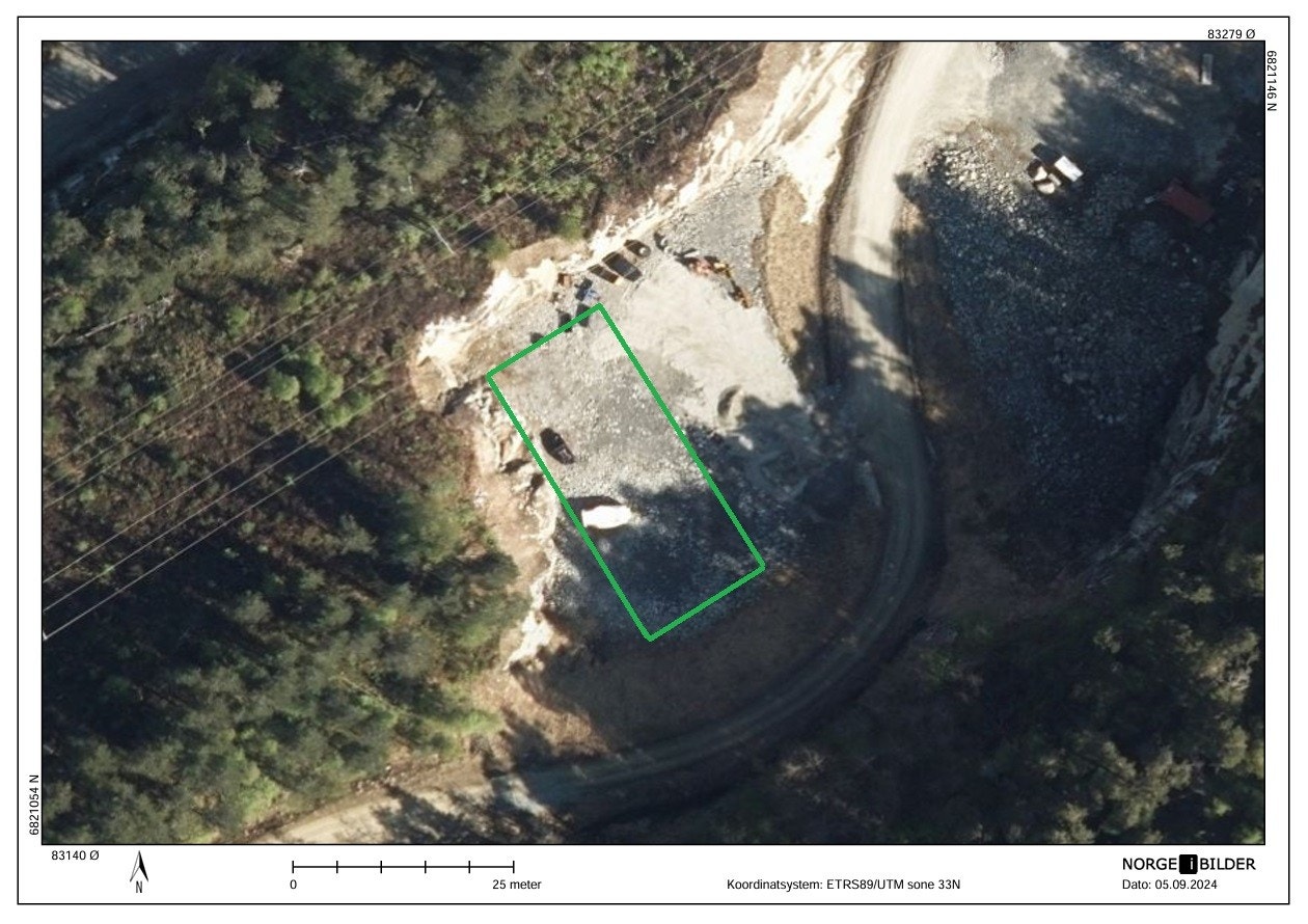 Oversikt over tomta med bygg teikna inn. Dette er kun ein illustrasjon Galleribilde