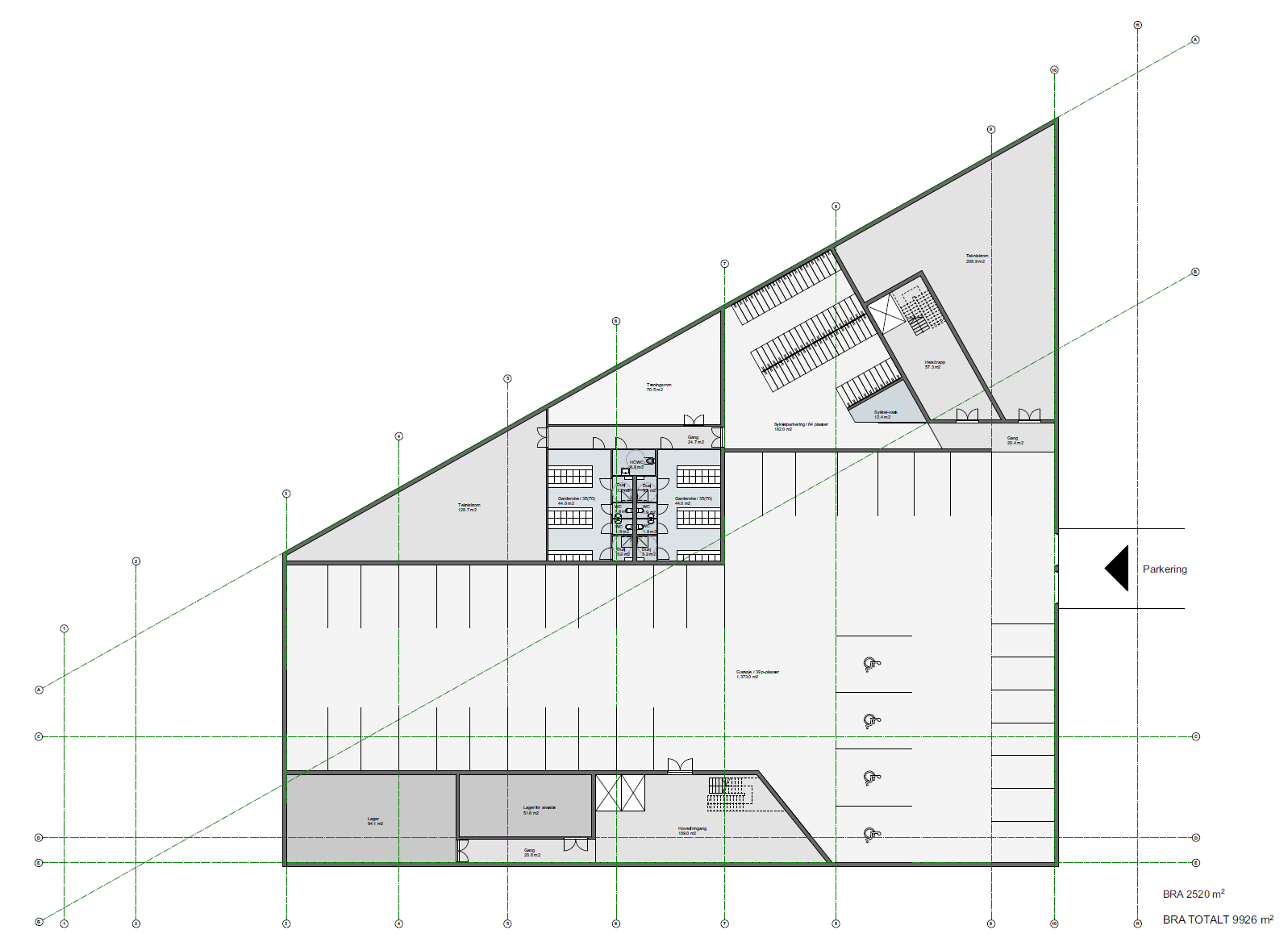 Kokstaddalen X, parkeringskjeller - forslag til innredning.