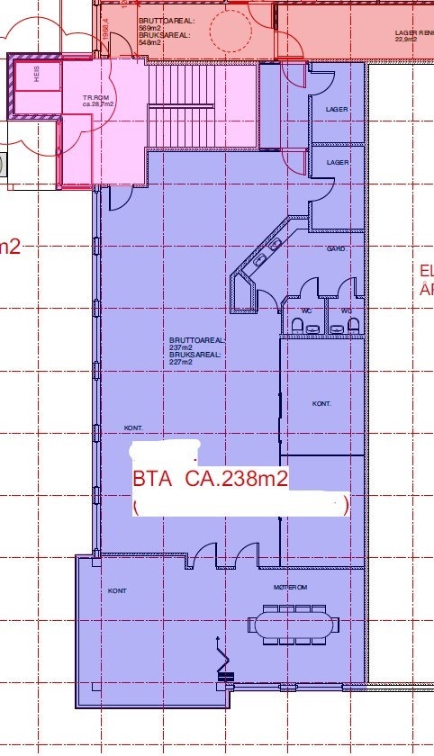 Kontordel i 2 etasje, merket med "lilla". Galleribilde
