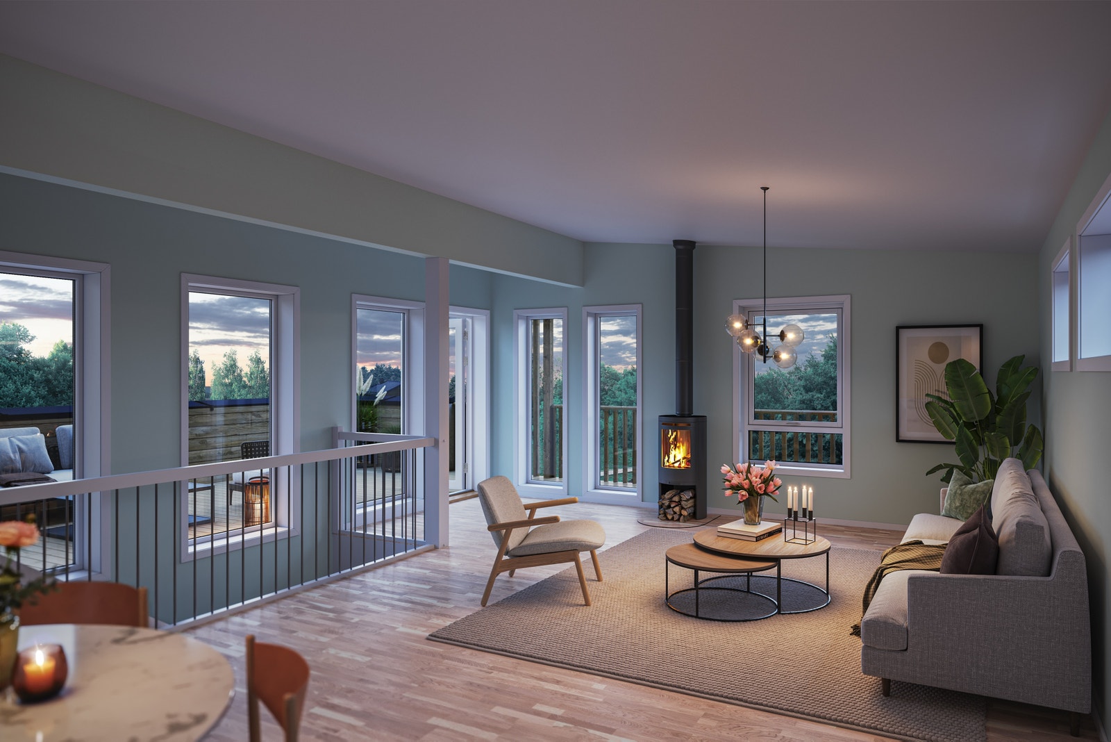 Stue med utgang til stor terrasse. Sett fra kjøkken Galleribilde