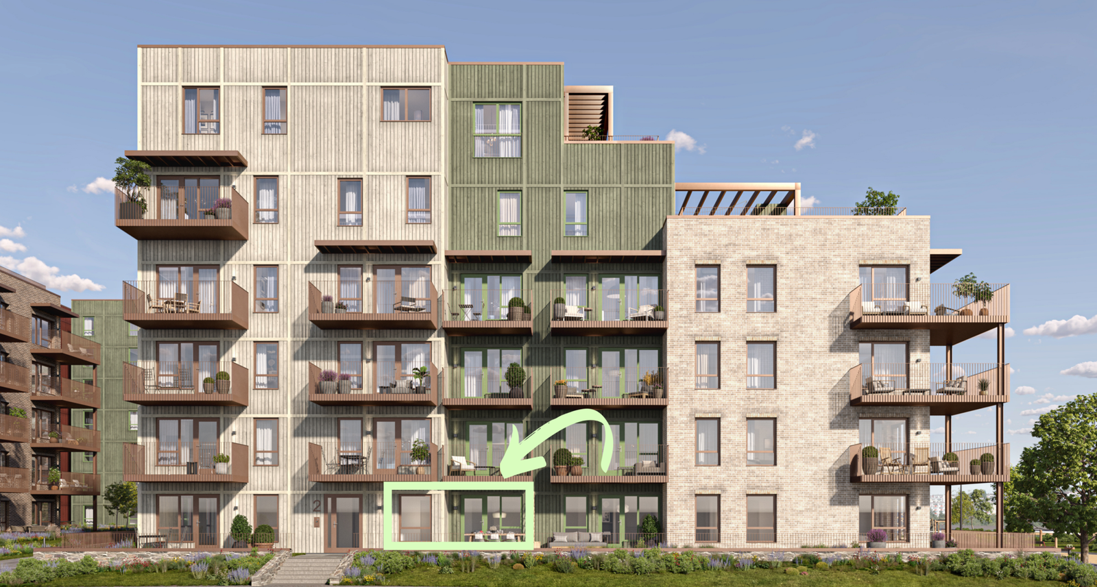 Store vinduer og innhuk i fasaden gir leiligheten et lyst og moderne preg, med en tilbaketrukket terrasse (Illustrasjon, avvik vil forekomme). Galleribilde