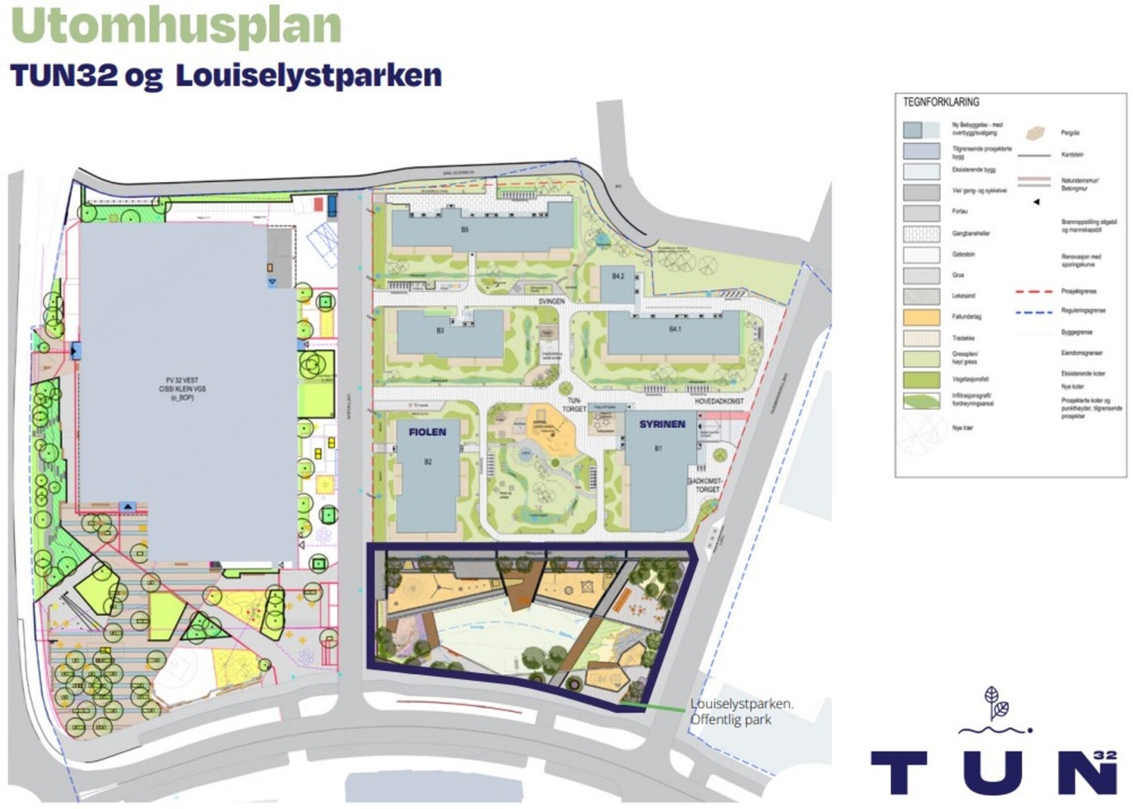 Utomhusplan for prosjektet, samt nye Louislyst park Galleribilde