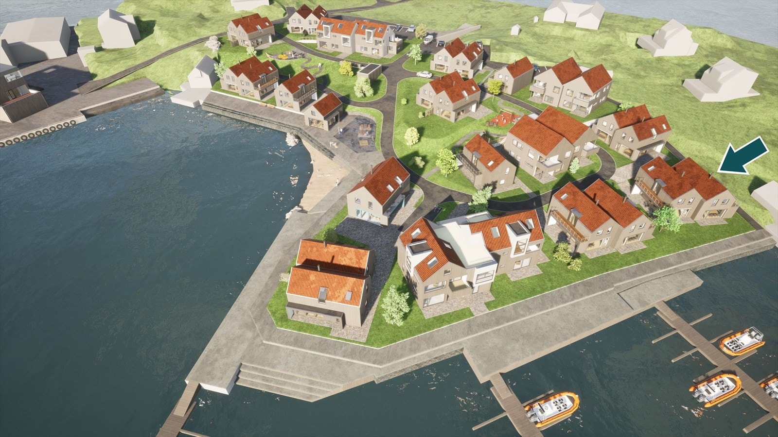 Bolig 11 er merket med pil på illustrasjon. Ved prosjektet er det strandpromenade og badestrand. Galleribilde