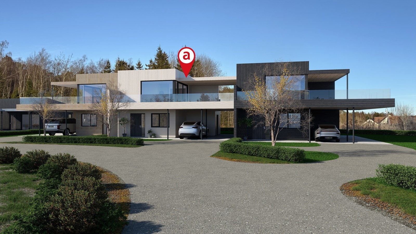 Fasade inngangsparti. Boligene har dobbel carport med stor takterrasse over Galleribilde