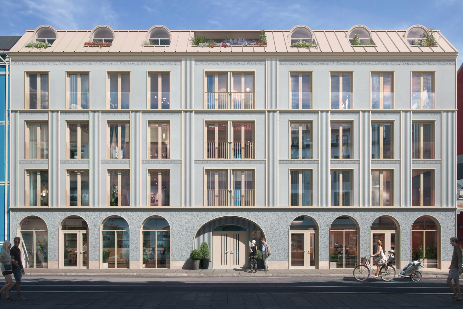 Bygget får en klassisk murpusset fasade som harmonerer med områdets historiske sjarm, samtidig som prosjektet har gode innvendige kvaliteter. Galleribilde