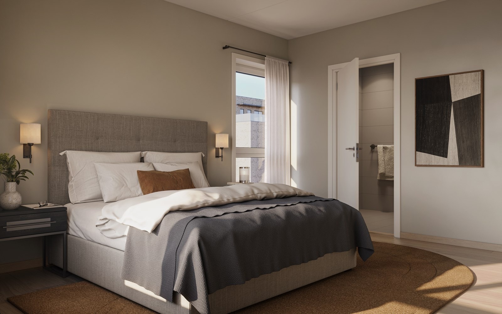 Alle leilighetene får gode og romslige soverom. 4-roms og toppleiligheter leveres med flotte hovedsoverom med eget bad og god plass til skyvedørsgarderobe Galleribilde