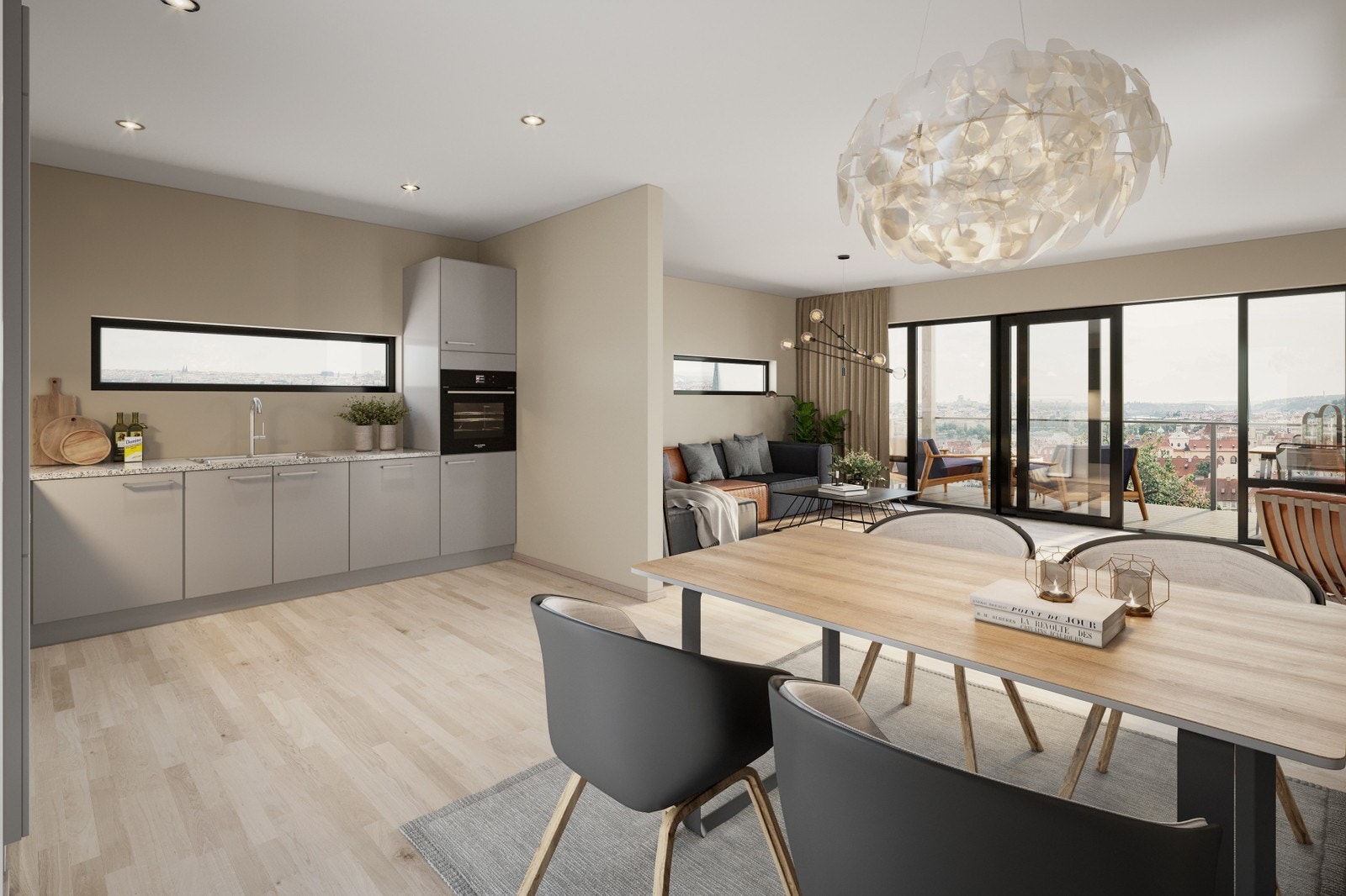 Illustrasjon stue og del av kjøkken. Galleribilde