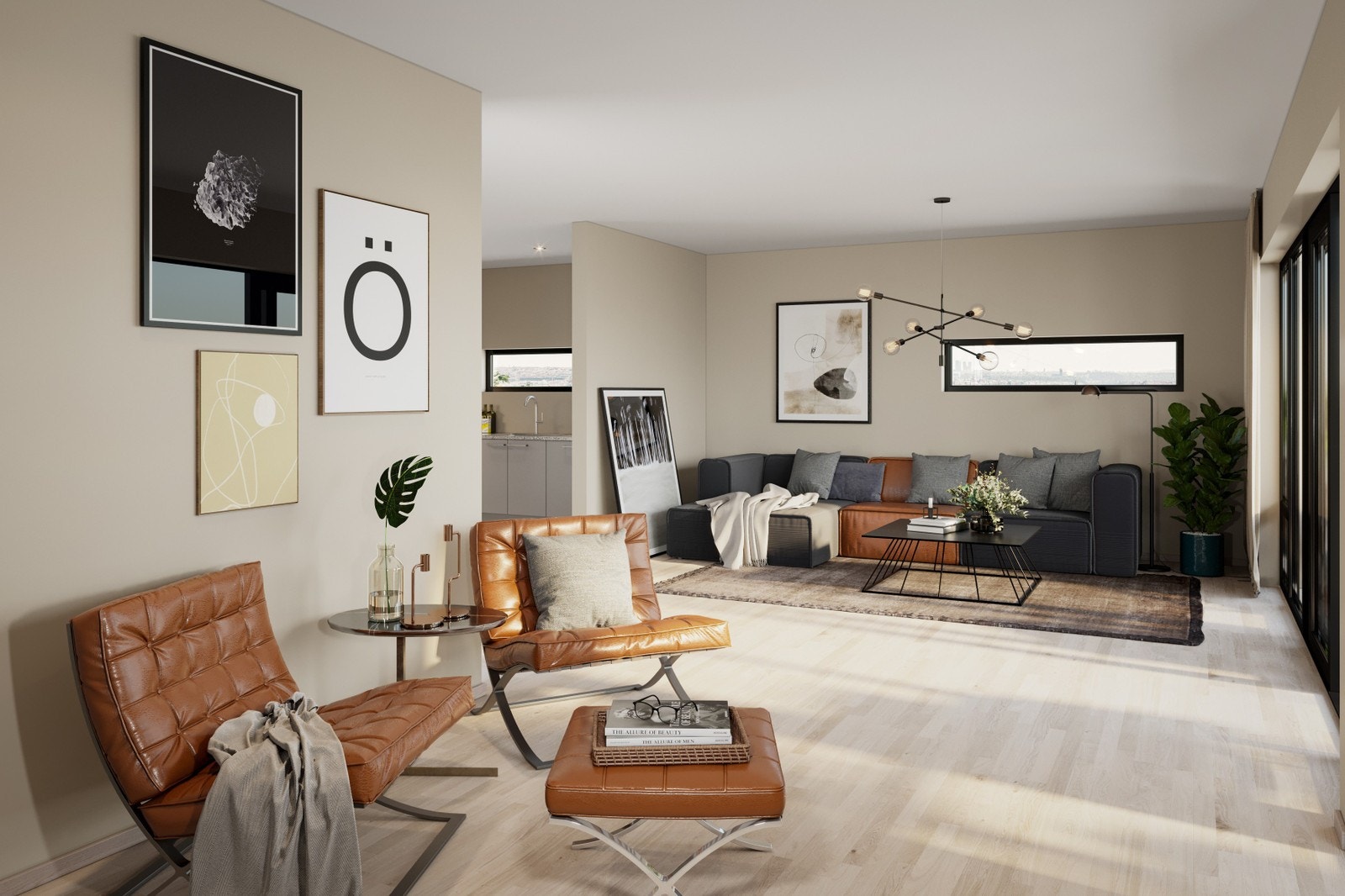 Illustrasjon av stue og litt av kjøkken. Galleribilde