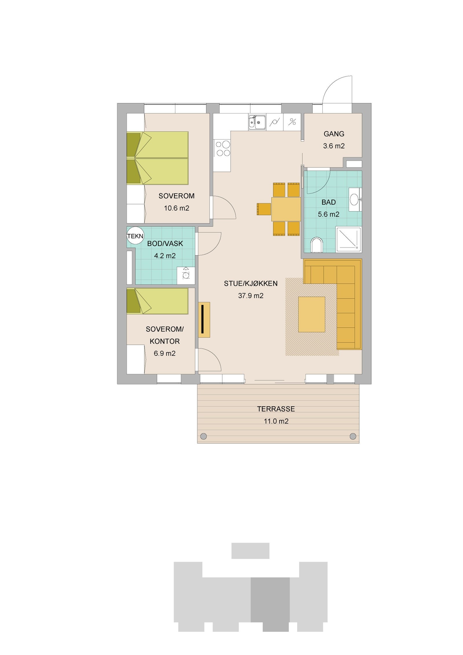 Planløsning fra leilighet 68m2 og i tillegg kommer utvendig bod 5m2. Galleribilde