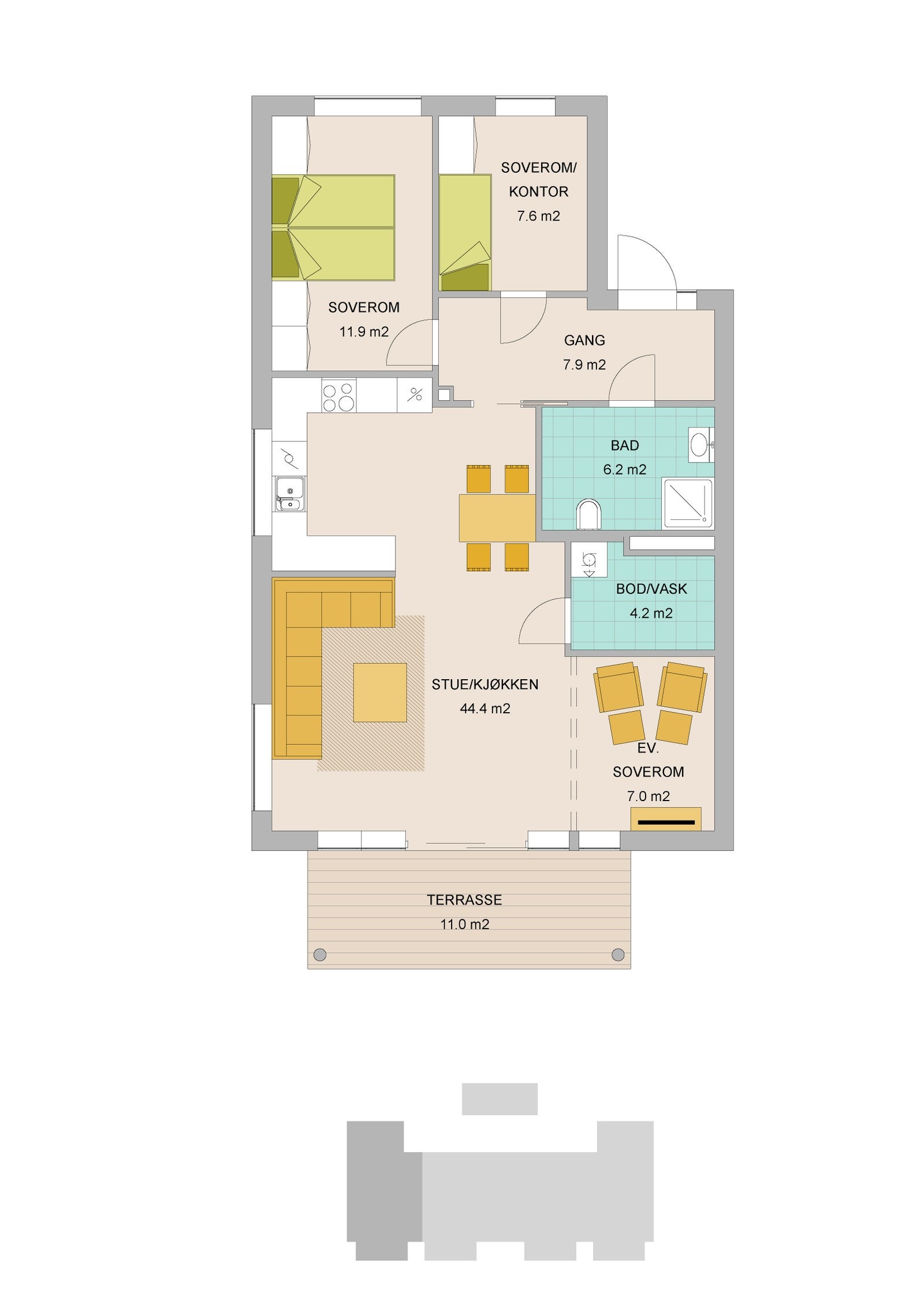 Planløsning leilighet 82m2, og i tillegg kommer utvendig bod 5m3. Galleribilde