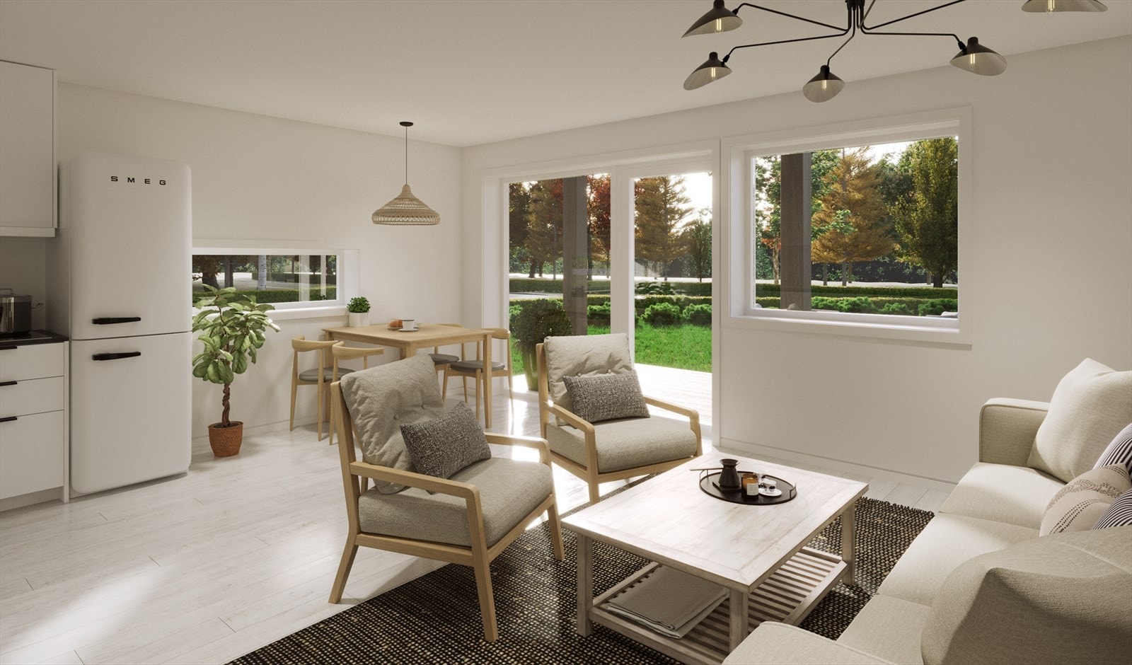 Illustrasjon. Hyggelig stueløsning med utgang til solrik terrasse. Leilighet 1 og 6 Galleribilde