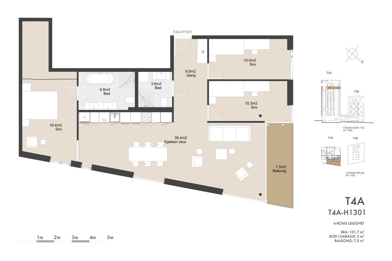 God planløsning med en åpen stue- og kjøkkenløsning, tre soverom og to bad. Det medfølger også bod i kjeller. Galleribilde