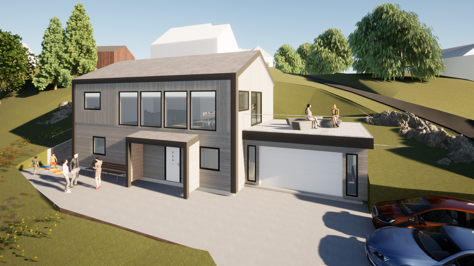 Illustrasjon av godkjent bolig. Om ønskelig kan tomten kjøpes og godkjent hus bestilles hos leverandør for fastsatt pris. Galleribilde