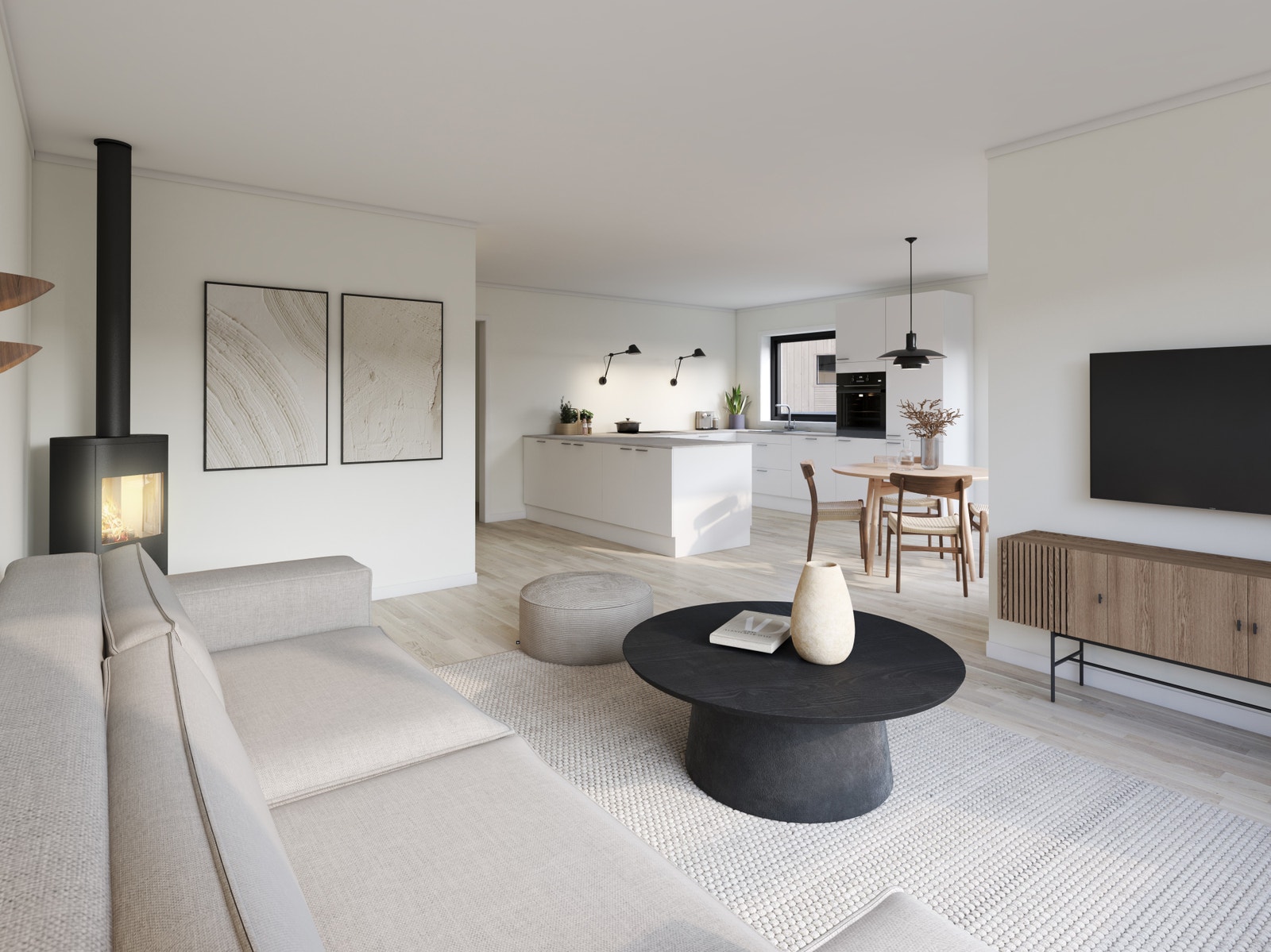 Åpen løsning mellom stue og kjøkken, med en praktisk tilnærming til hverdagen. (illustrasjon hus 70) Galleribilde