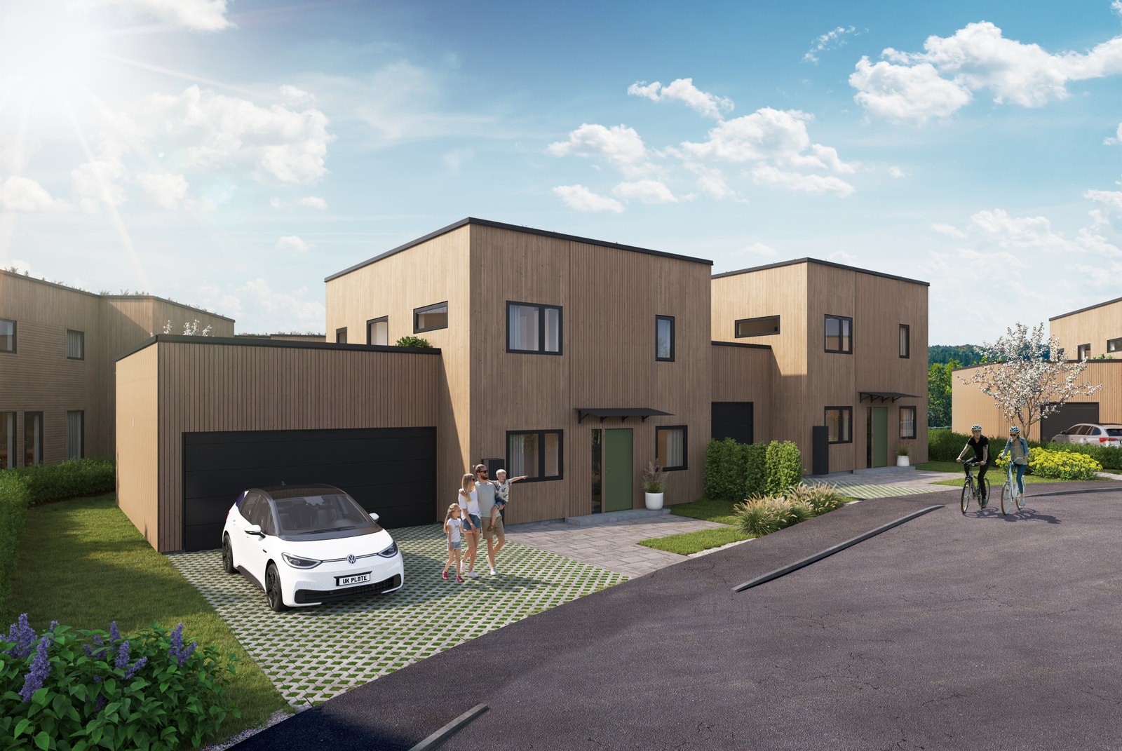 Her vises nærbilde av boligene, med sin spennende fasade og flott opparbeidet utomhus. (illustrasjon Beinestadheia 116-118) (solgt) Galleribilde