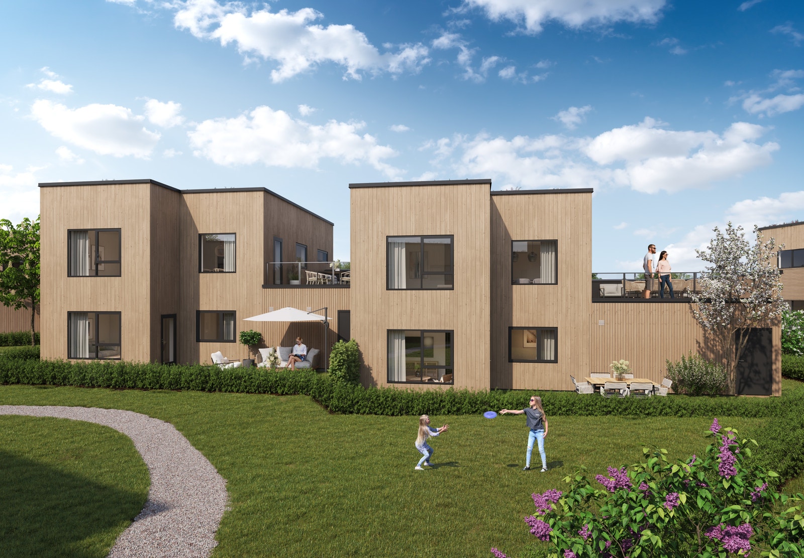 Bakside av boligene. Her er det rom for lek og morro. Illustrasjon av hus 70 og 71 (begge er solgt) (illustrasjon) Galleribilde