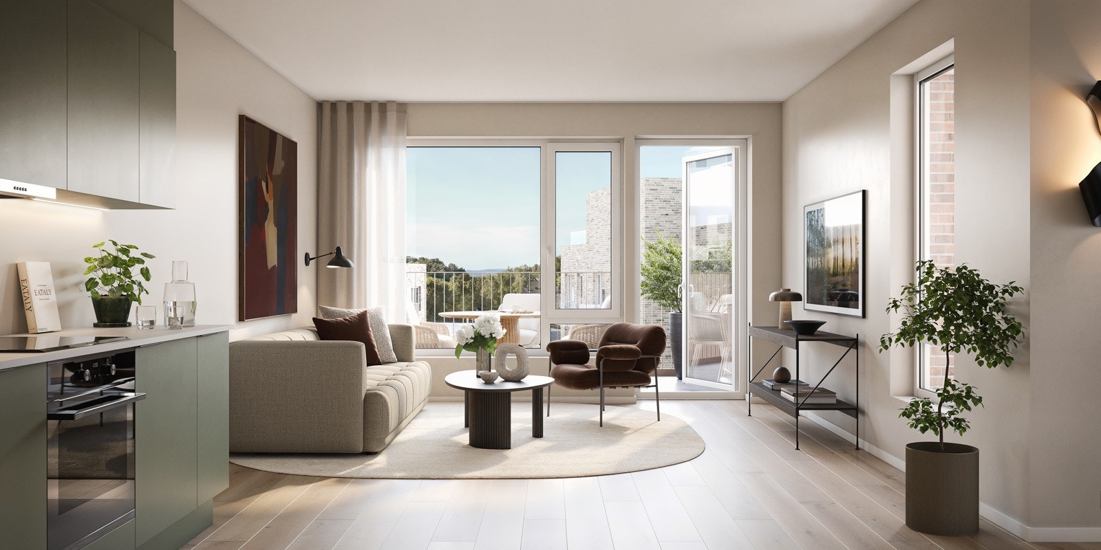 Illustrasjon av stue (Hus B leil. 6021). Bemerker at bildet kun er ment som illustrasjon og avvik kan forekomme. Galleribilde