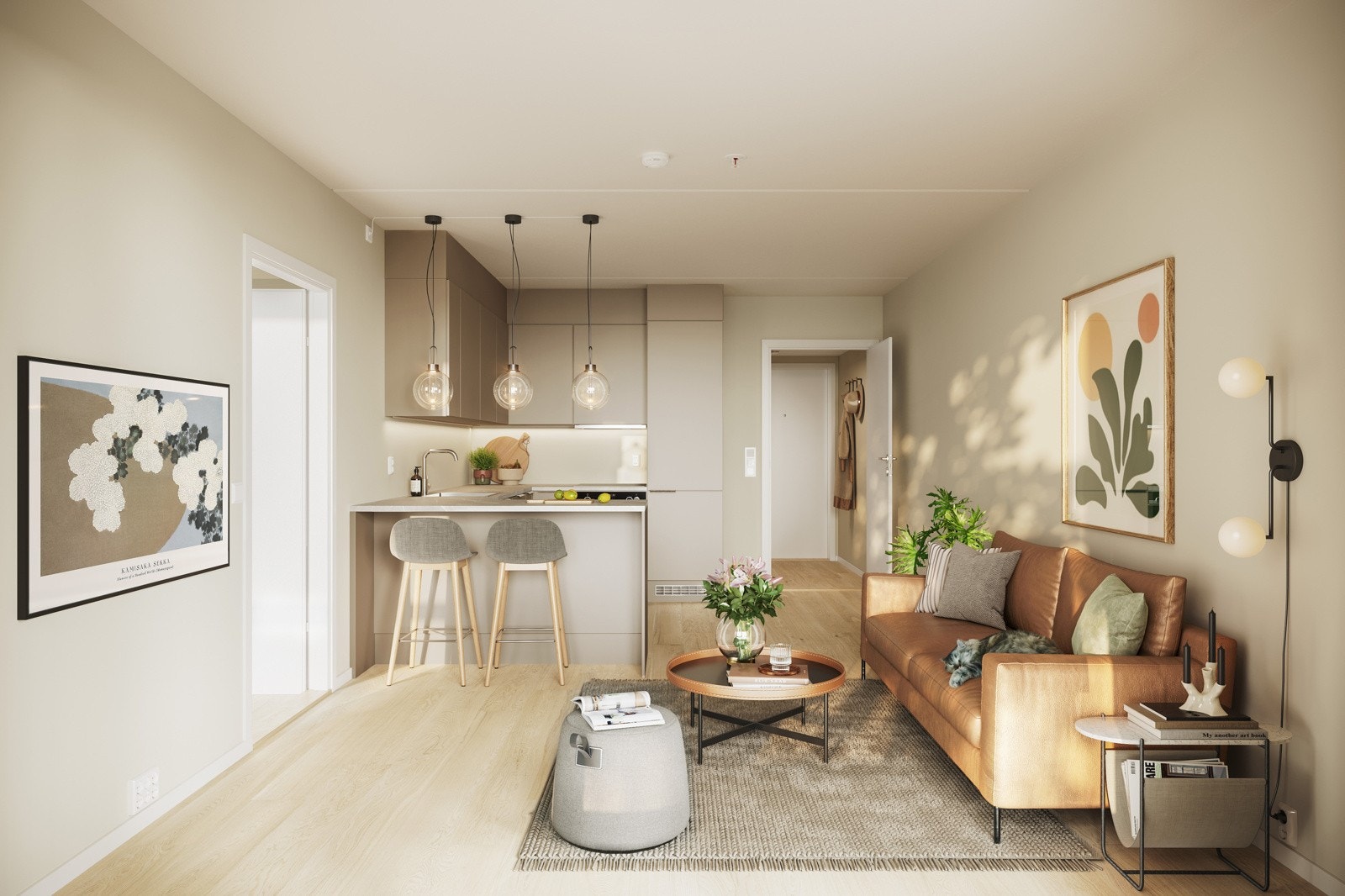 Illustrasjon stue/kjøkken/soverom PRIMÆR-konsept. Bemerker at bildet kun er ment som illustrasjon og avvik kan forekomme. Galleribilde