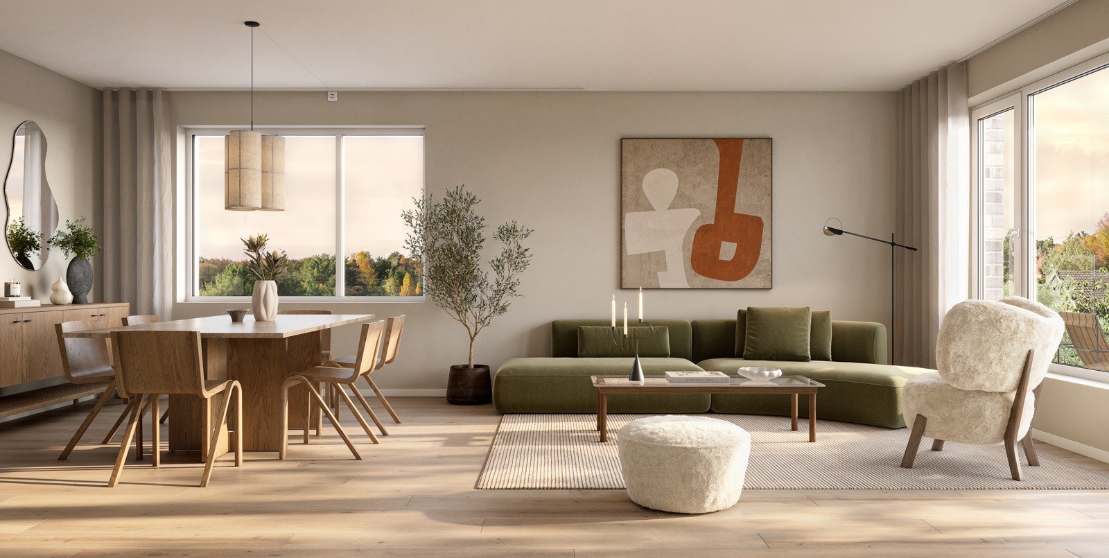 Ilustrasjon av stue (Hus C leil. 5029). Bemerker at bildet kun er ment som illustrasjon og avvik kan forekomme. Galleribilde