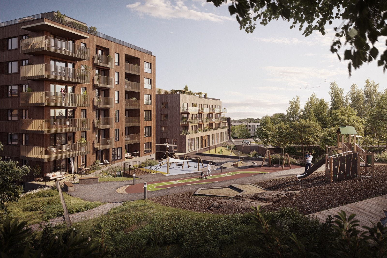 Illustrasjon av barnehage uteområde. Bemerker at bildet kun er ment som illustrasjon og avvik kan forekomme. Galleribilde