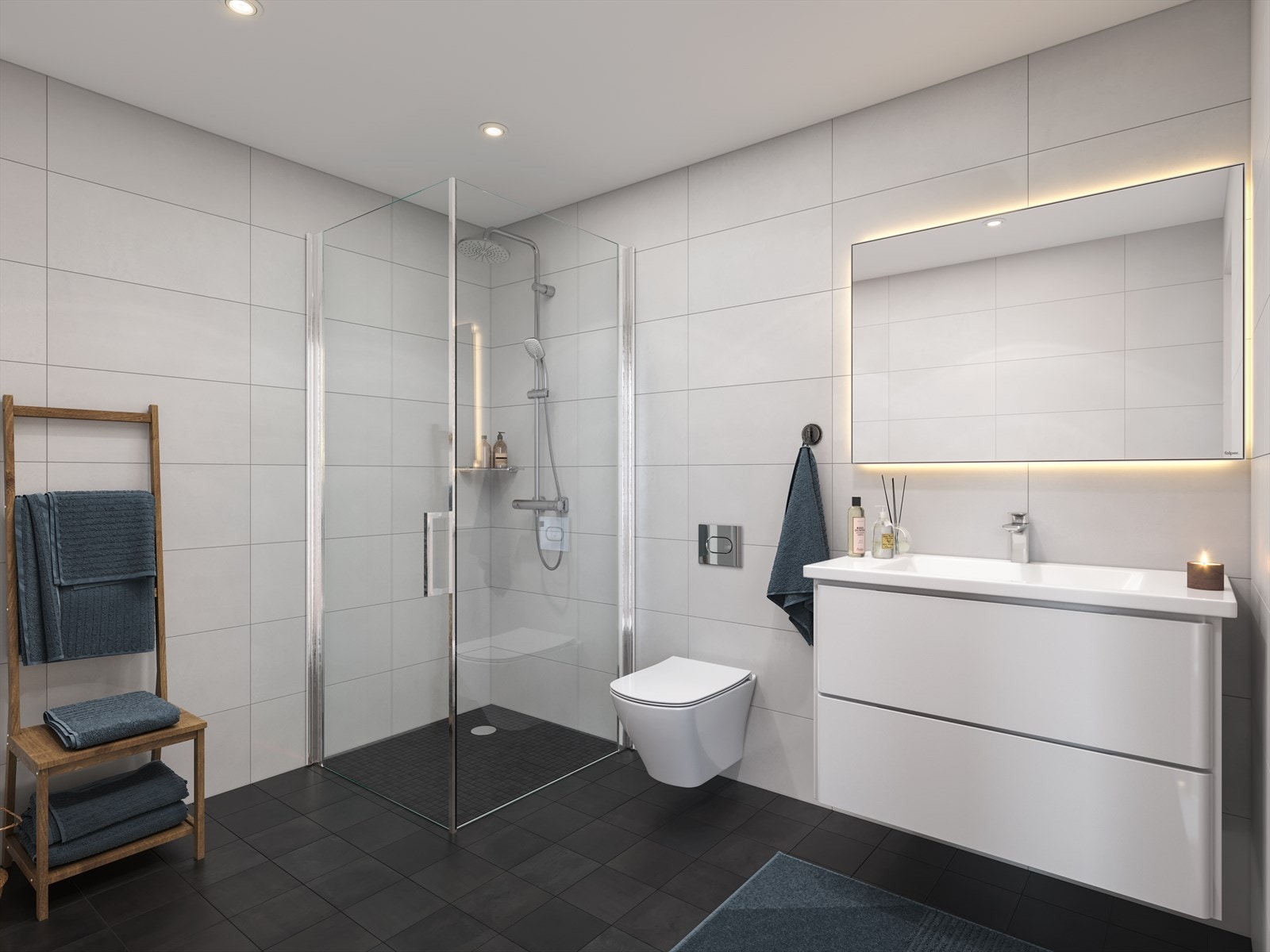 Baderom leveres med fliser på gulv og vegger, wc, servant og møblement, samt dusjhjørne med glass foldedører. (Illustrasjon - avvik vil forekomme) Galleribilde