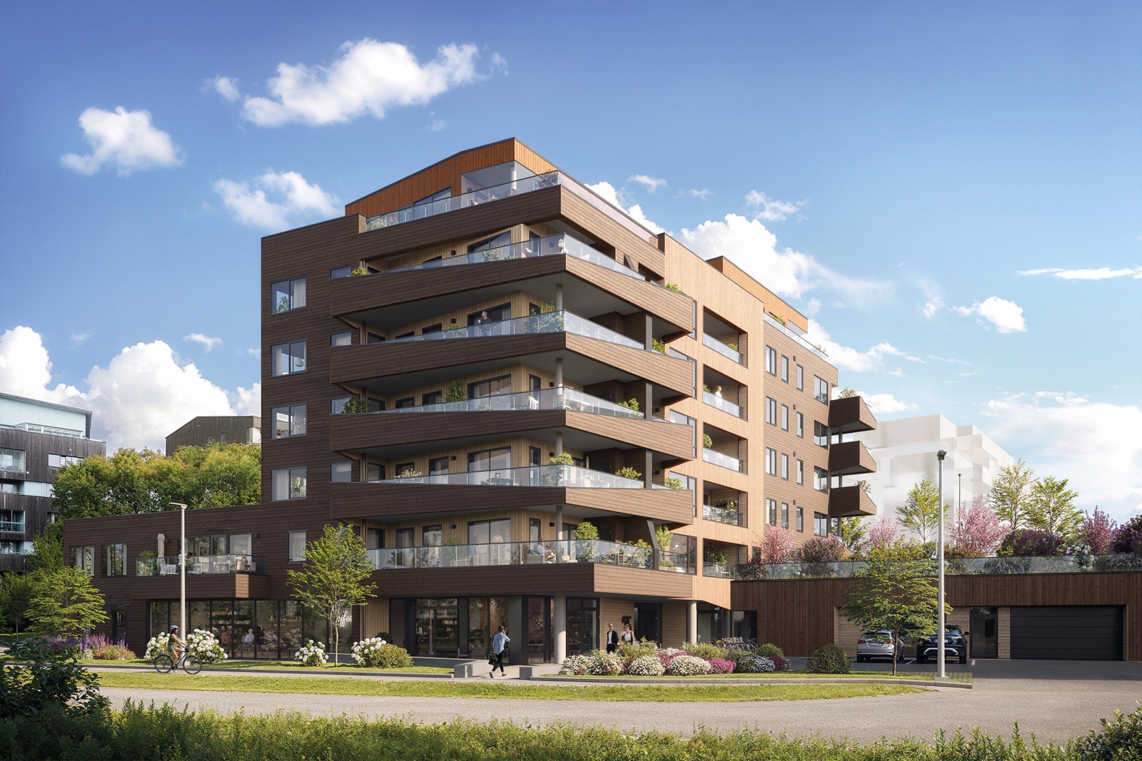 Fasaden mot Kjelsbergring med butikklokalene i u.etg. Galleribilde