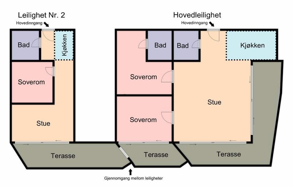 Skisse av planløsning, alle bad er større enn skissert. Galleribilde