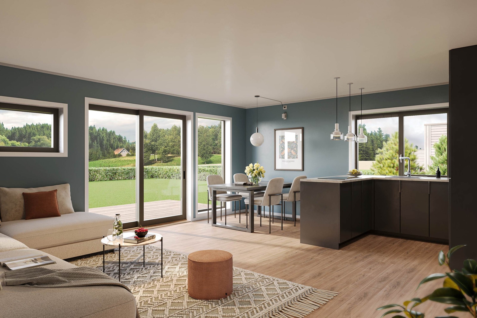 Innvendig stue kombinert kjøkken, utsikt sørvest mot Bismo sentrum Galleribilde