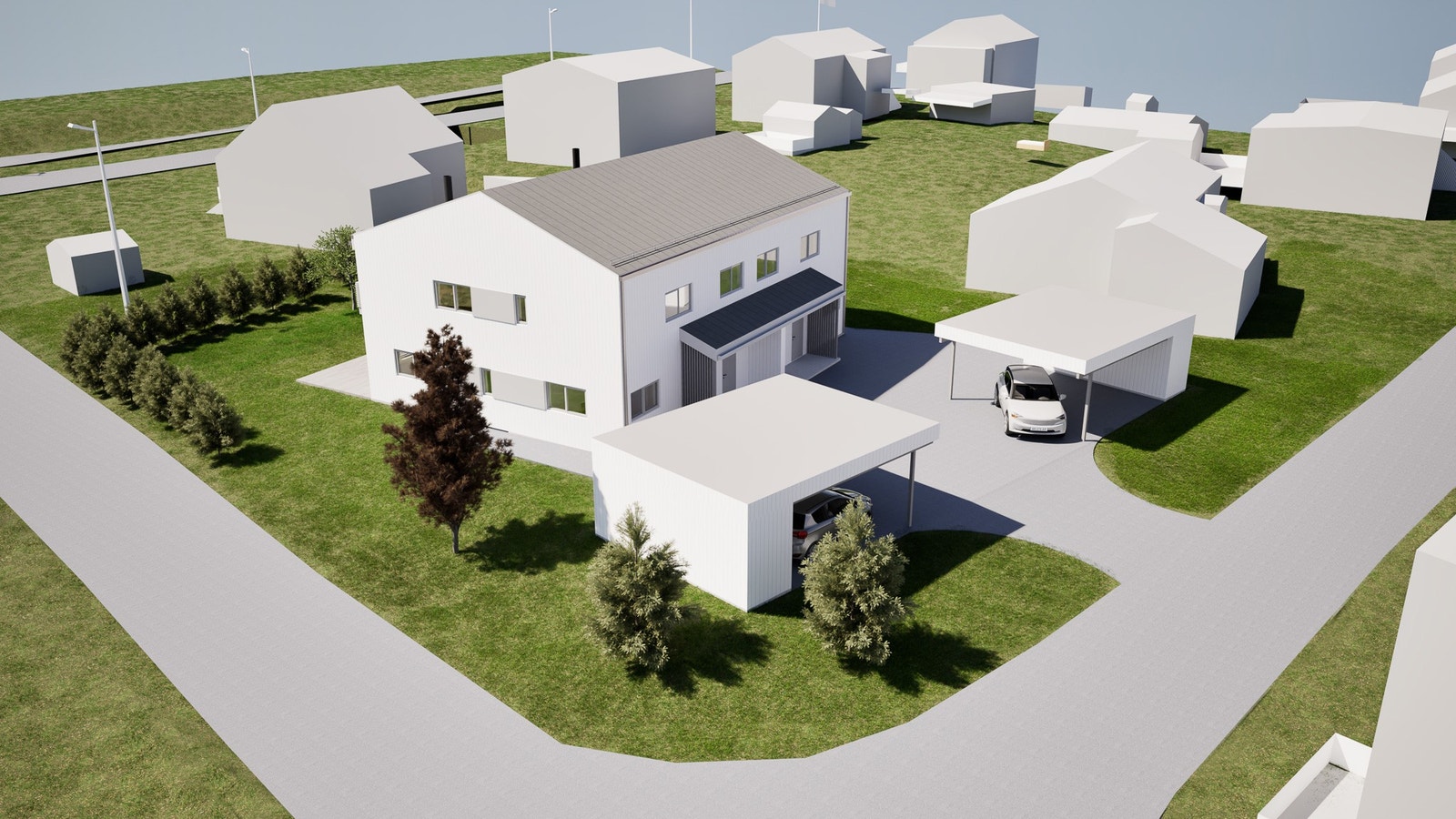 Gårdsplass og carporter med bod Galleribilde