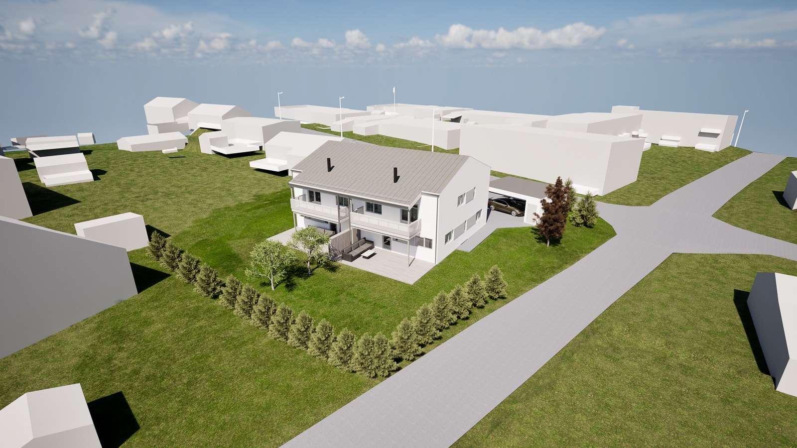 Vestvendte verandaer og hage. Solrik tomt. Galleribilde