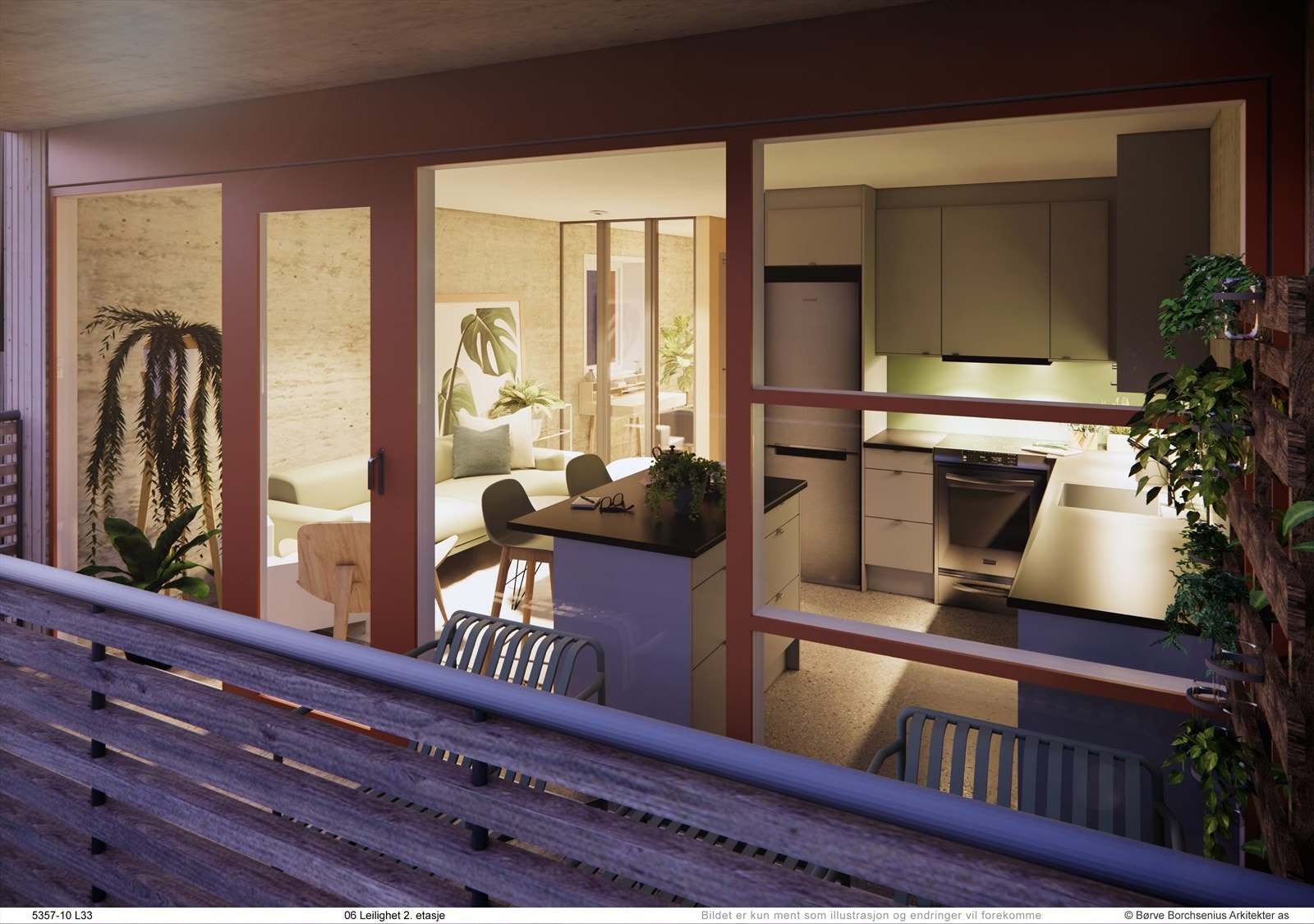 Illustrasjon/Skumringsbilde utenfra for leilighet i 2. etasje Galleribilde