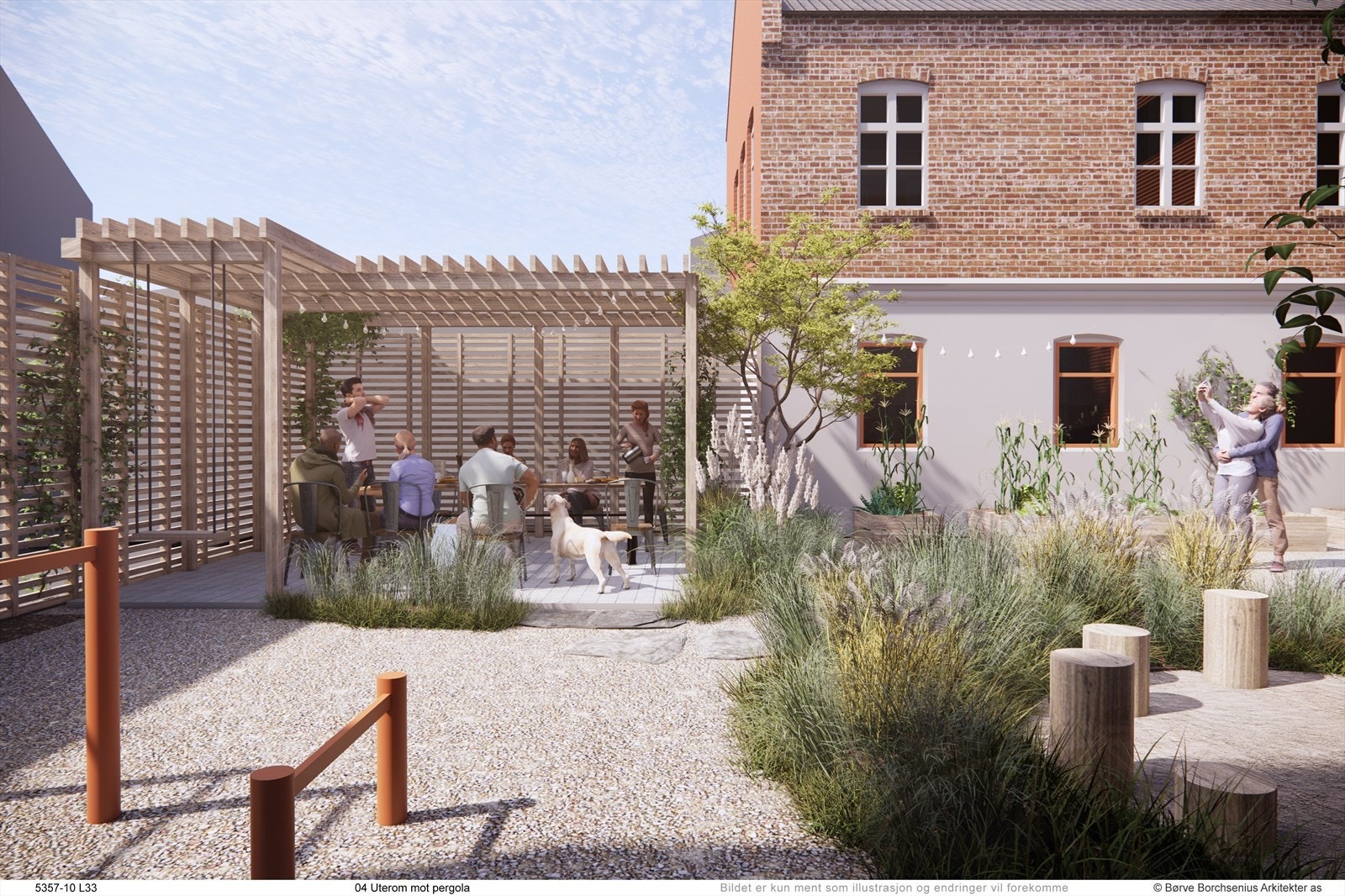 Skjermet og felles innbydende bakhage med pergola - og med plass til trening, urtehage og trivelige sosiale soner. Galleribilde