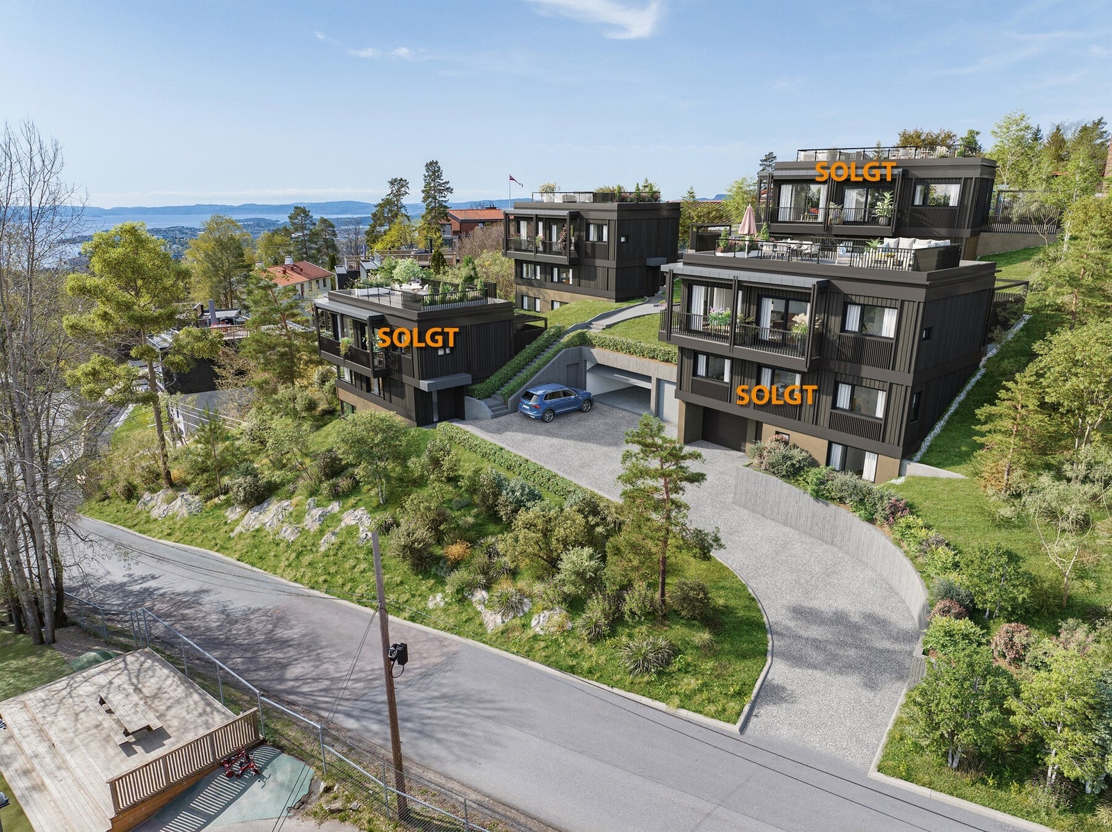 4 arkitekttegnede eneboliger på et høydedrag.
Bildene er kun ment som illustrasjon og avvik vil forekomme. Boligene bygges iht. leveransebeskrivelsen og romskjema. Galleribilde