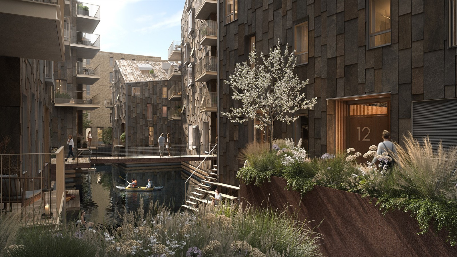 Vannkunsten Syd - Det interne vannspeilet Fjorden ledes inn mellom husene og bidrar til en maritim stemning.jpeg Galleribilde