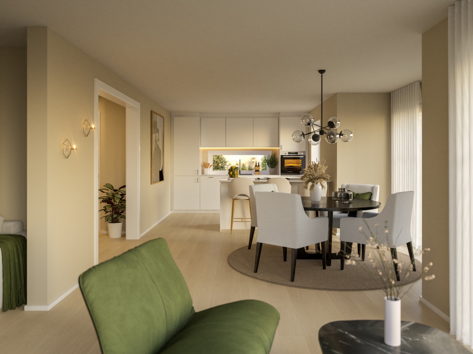 Stue og kjøkken 1. etasje. Alle 3D rendere er å anse som illustrasjoner og kan avvike fra tekniske tegninger og byggebeskrivelser. Galleribilde