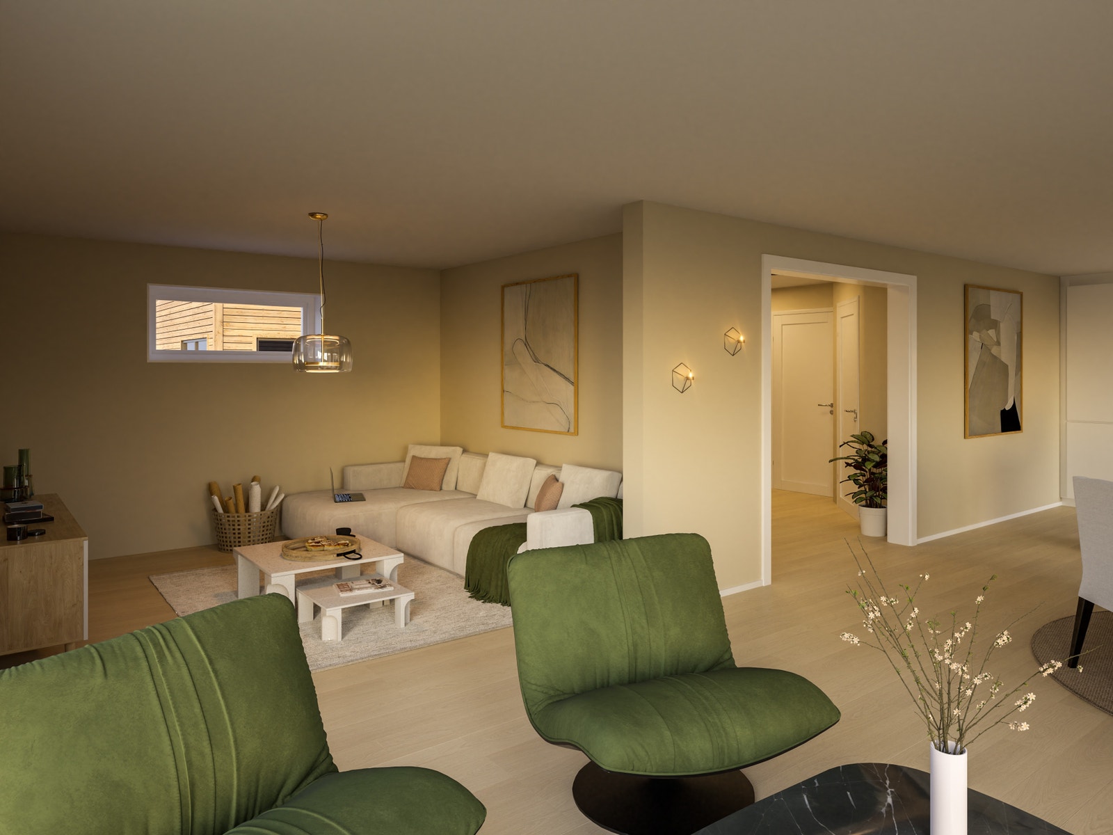 Stue 1. etasje. Alle 3D rendere er å anse som illustrasjoner og kan avvike fra tekniske tegninger og byggebeskrivelser. Galleribilde