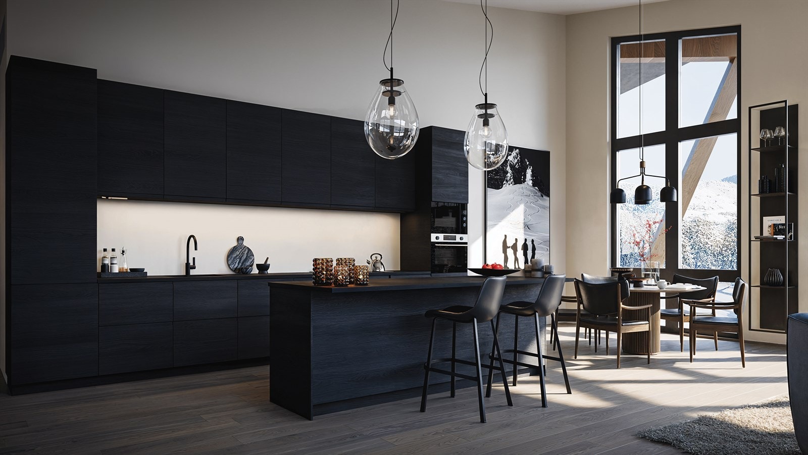 Standard kjøkkeninnredning, sort med trestruktur Galleribilde