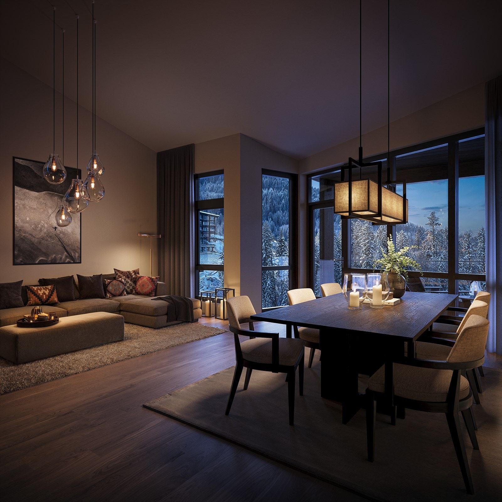 Leilighet 413 har en hyggelig stue med utgang til balkong mot alpinbakken Galleribilde